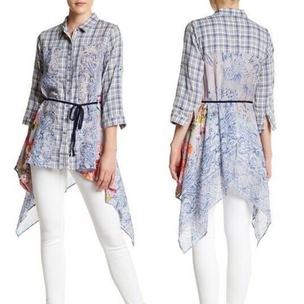 Aratta Bird Of Paradise Sharkbite Shirt Reg $133 Plaid Floral